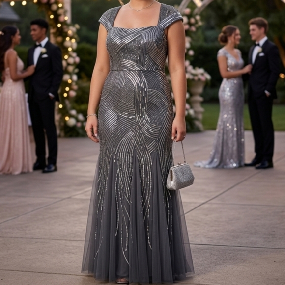 Adrianna Papell Dresses & Skirts - Adrianna Papell Art Deco Sequin Gown Silver Grey Prom Formal Size 16